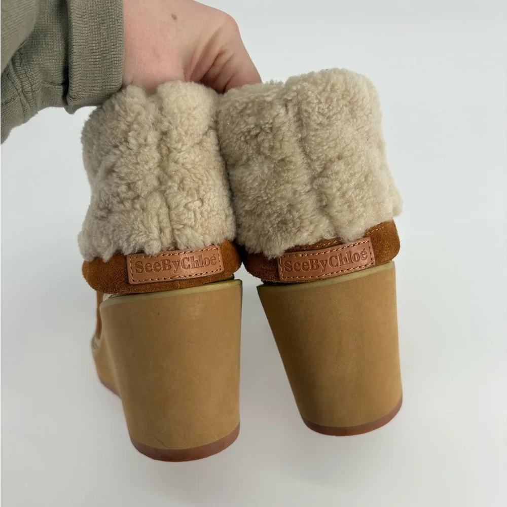 See By Chloe Shearling-Trimmed Suede Wedge Ankle Boots